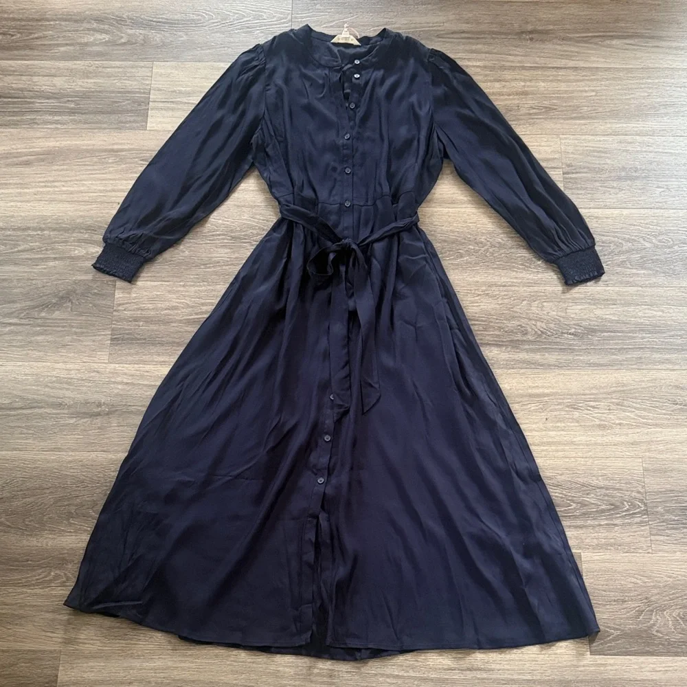 Boden Midnight Blue Button Front Linen Shirt Midi Dress 14R Collarless Classic